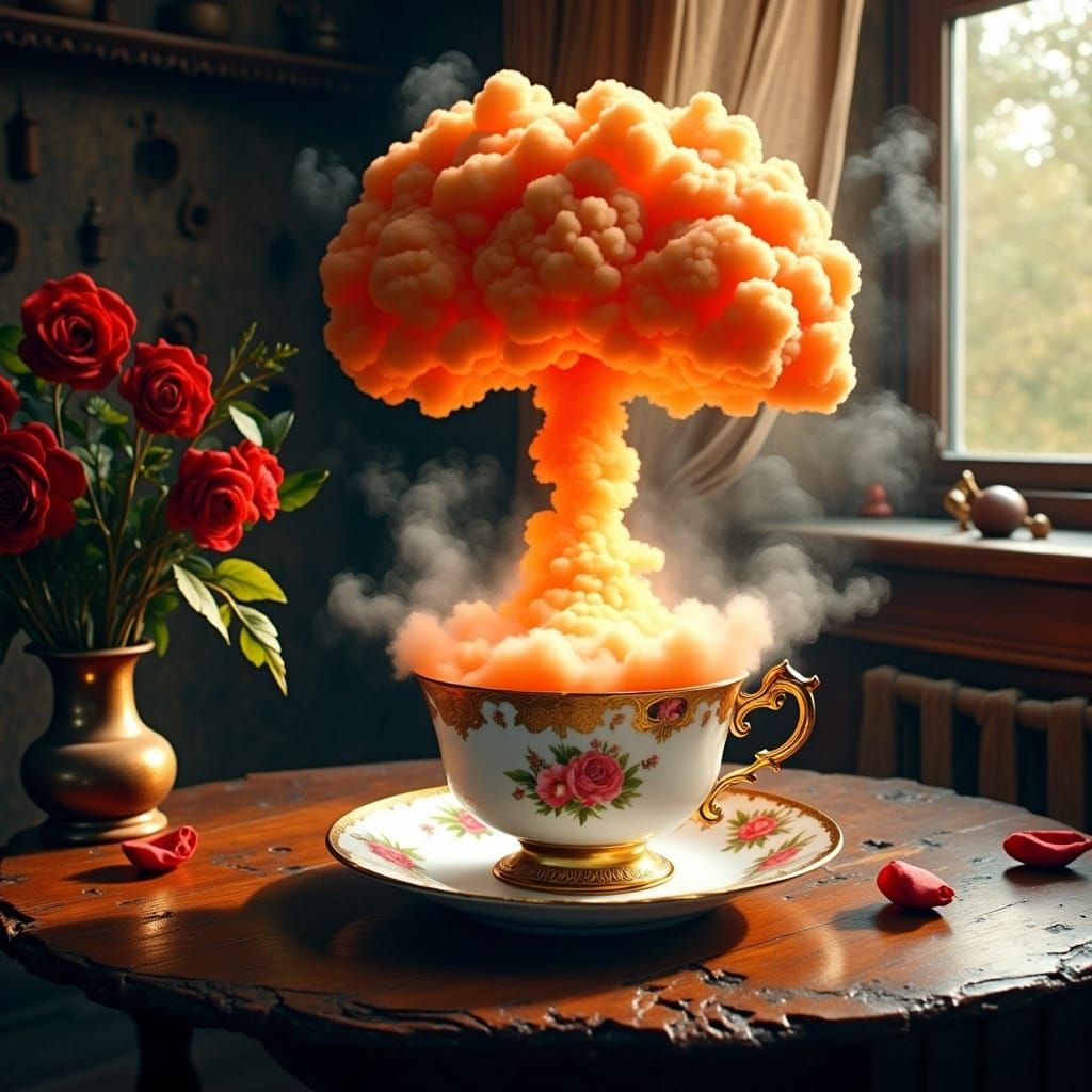 Whimsical Nuclear Cloud Rises from Antique Tea Cup in Vibran...