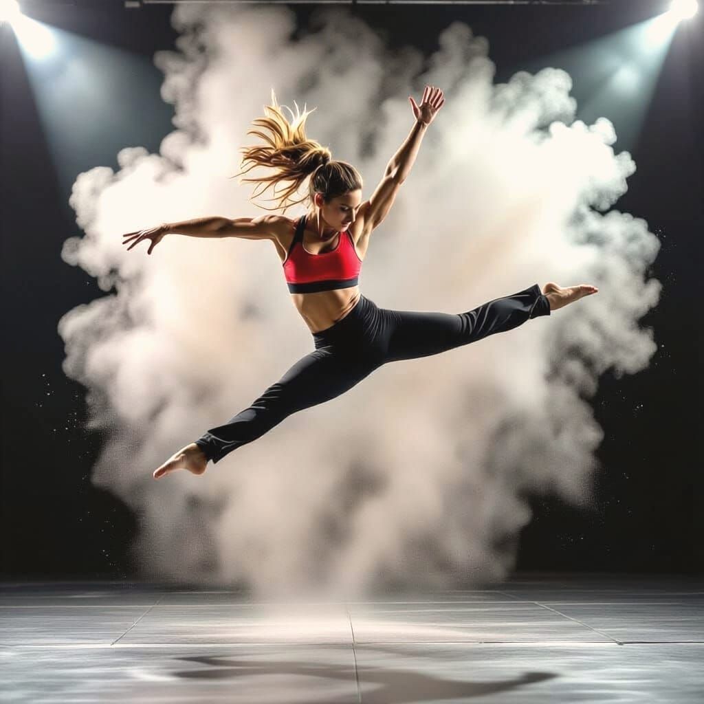 Close-Up Portrait of Acrobat Levitating in Dynamic Lighting