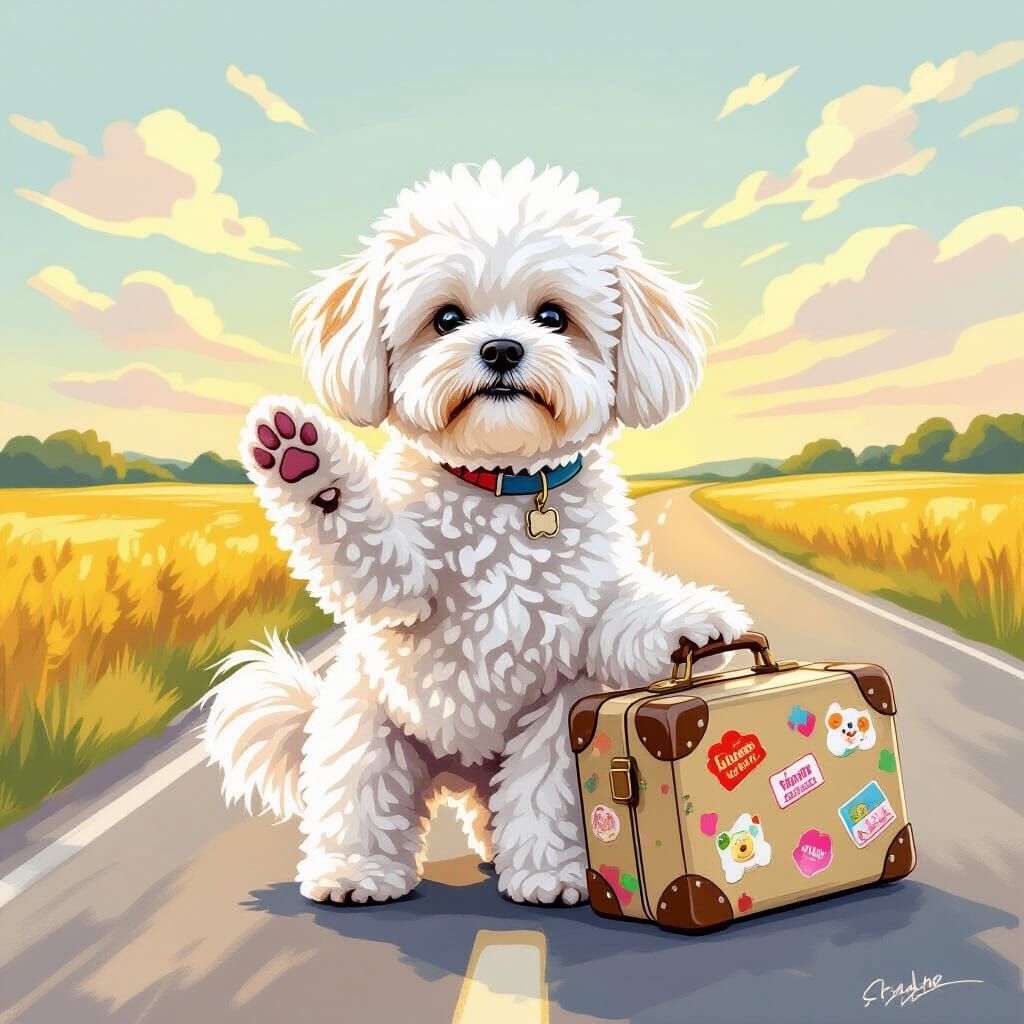 Fluffy Maltese Dog Hitchhiking with Suitcase