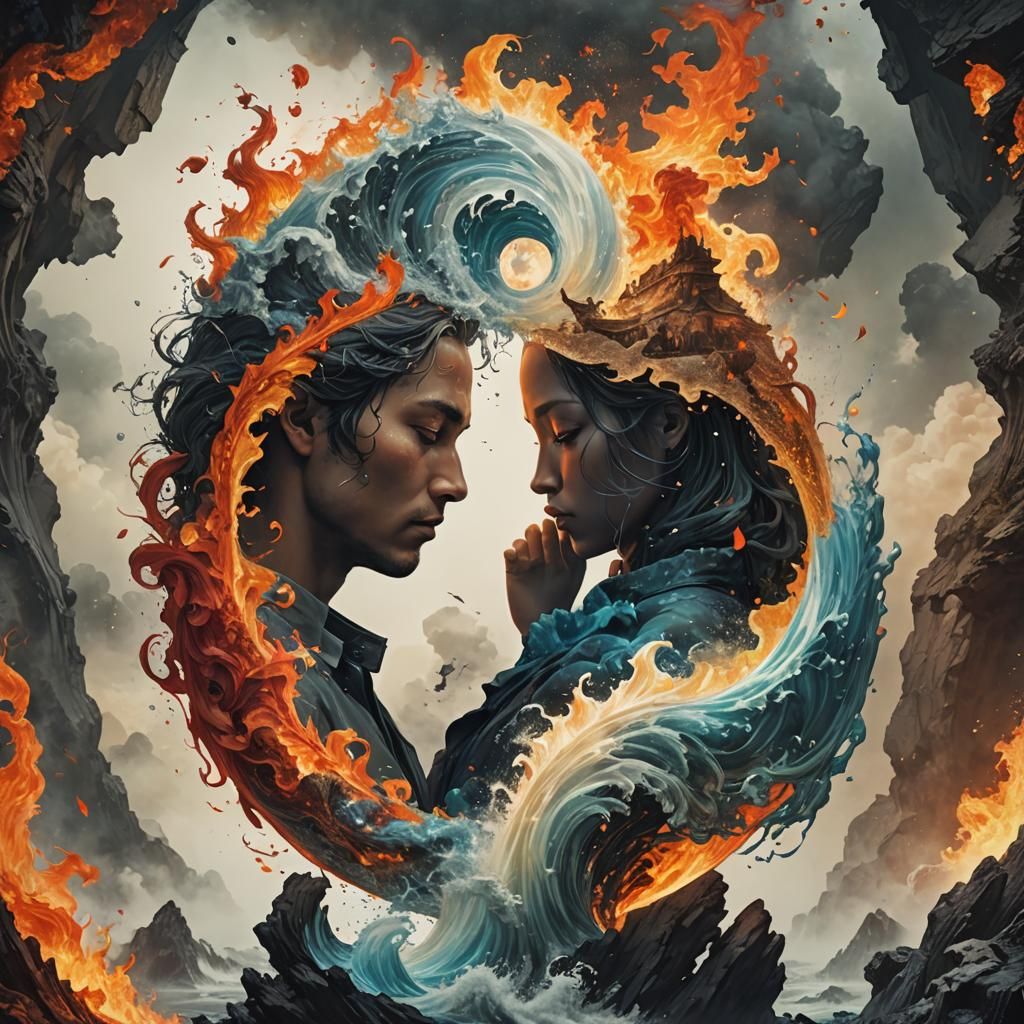 Yin and Yang: Water and Fire Collage Art