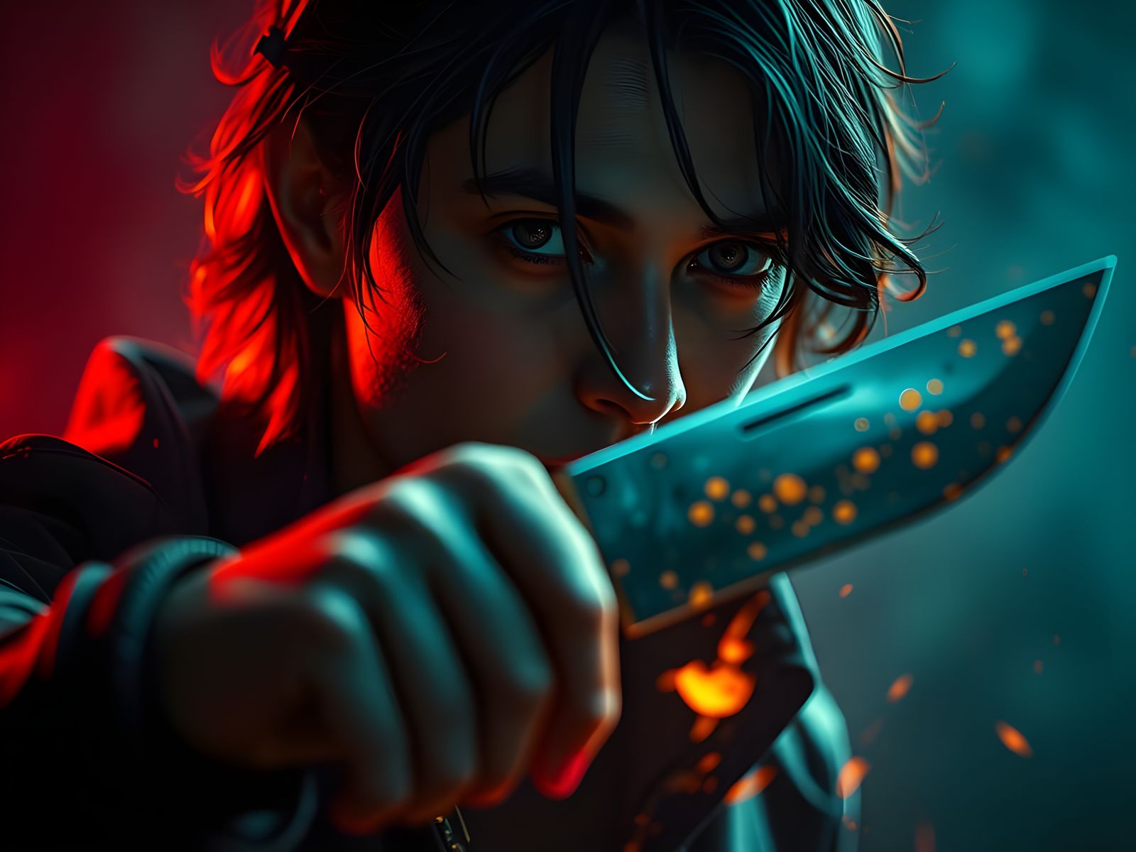 Dramatic Portrait with Knife in Digital Art Style