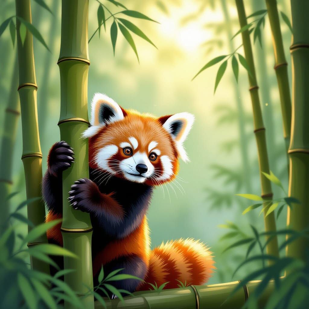 Red Panda Peeking From Bamboo in Misty Forest