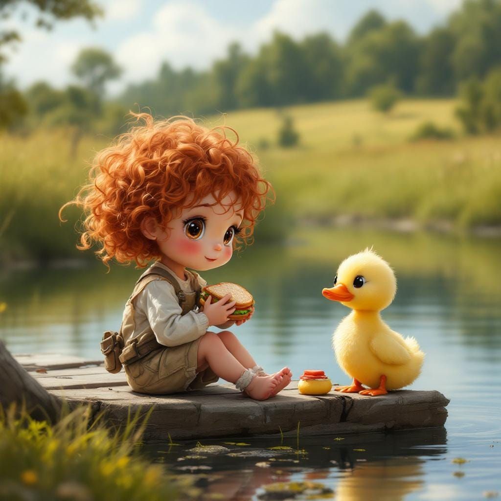 Chibi Girl Shares Lunch with Duck: Oil Painting Style