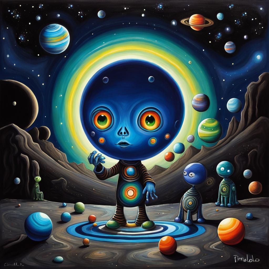 Alien Playing Marbles with Planets in Surreal Art