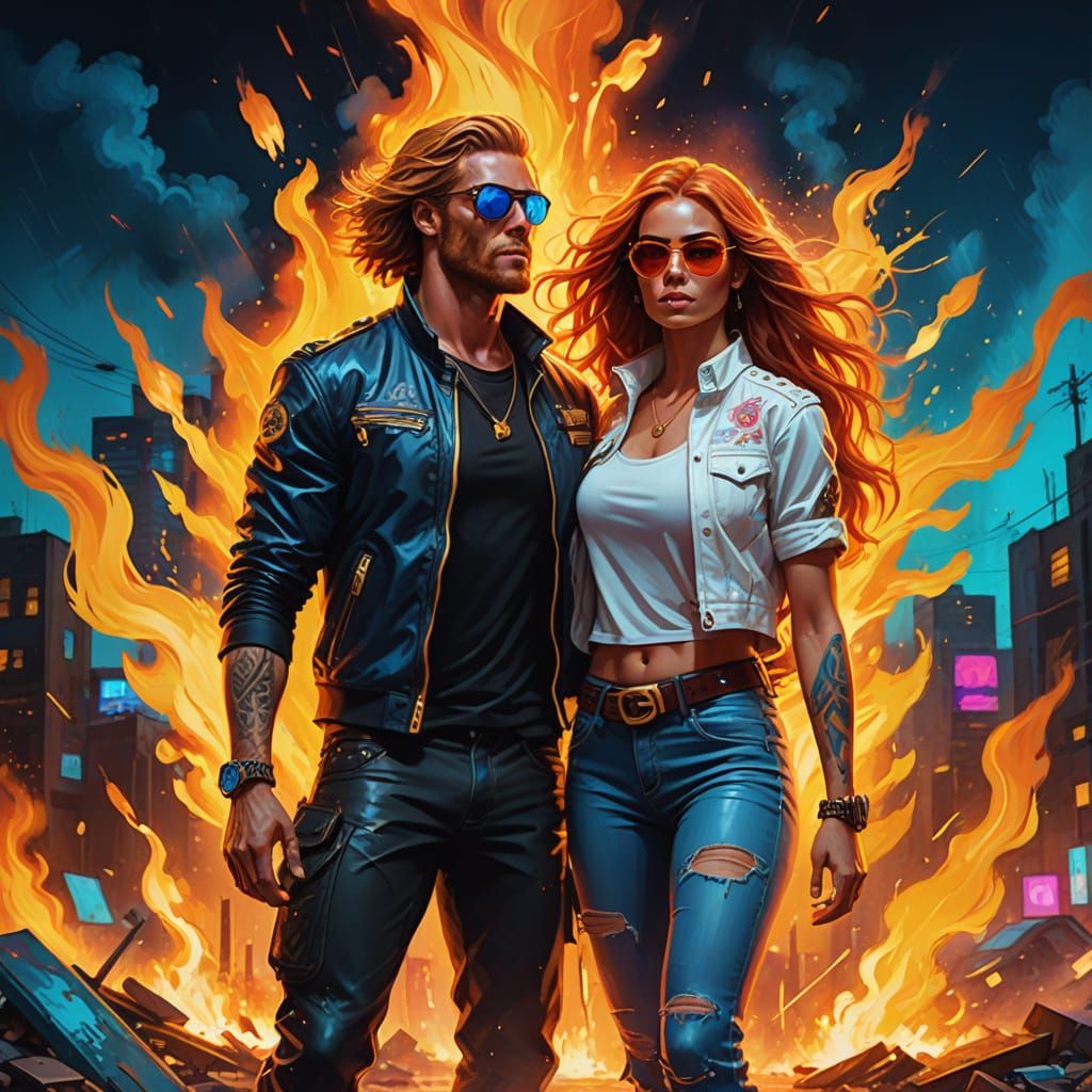 Muscular Couple with Flame Tattoos in Neon Digital Art