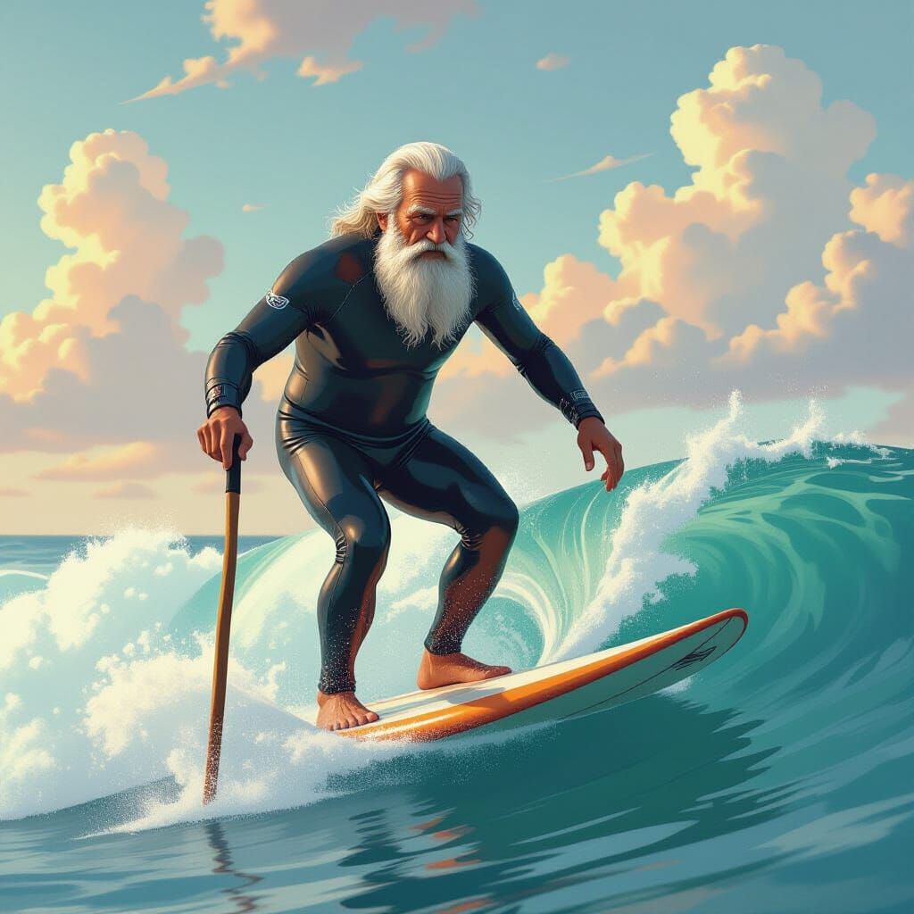 Surfer Rides a Wave in Atmospheric Digital Art Style