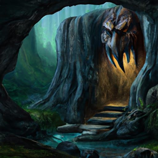 Fantasy Cave with Monster in Hyperrealistic Oil Painting