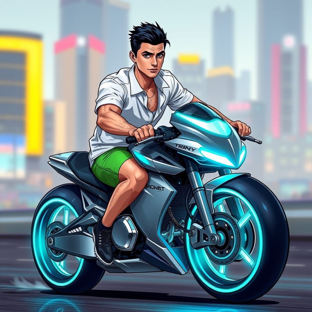 Chiseled Rider in Neon Futuristic Motorbike Scene