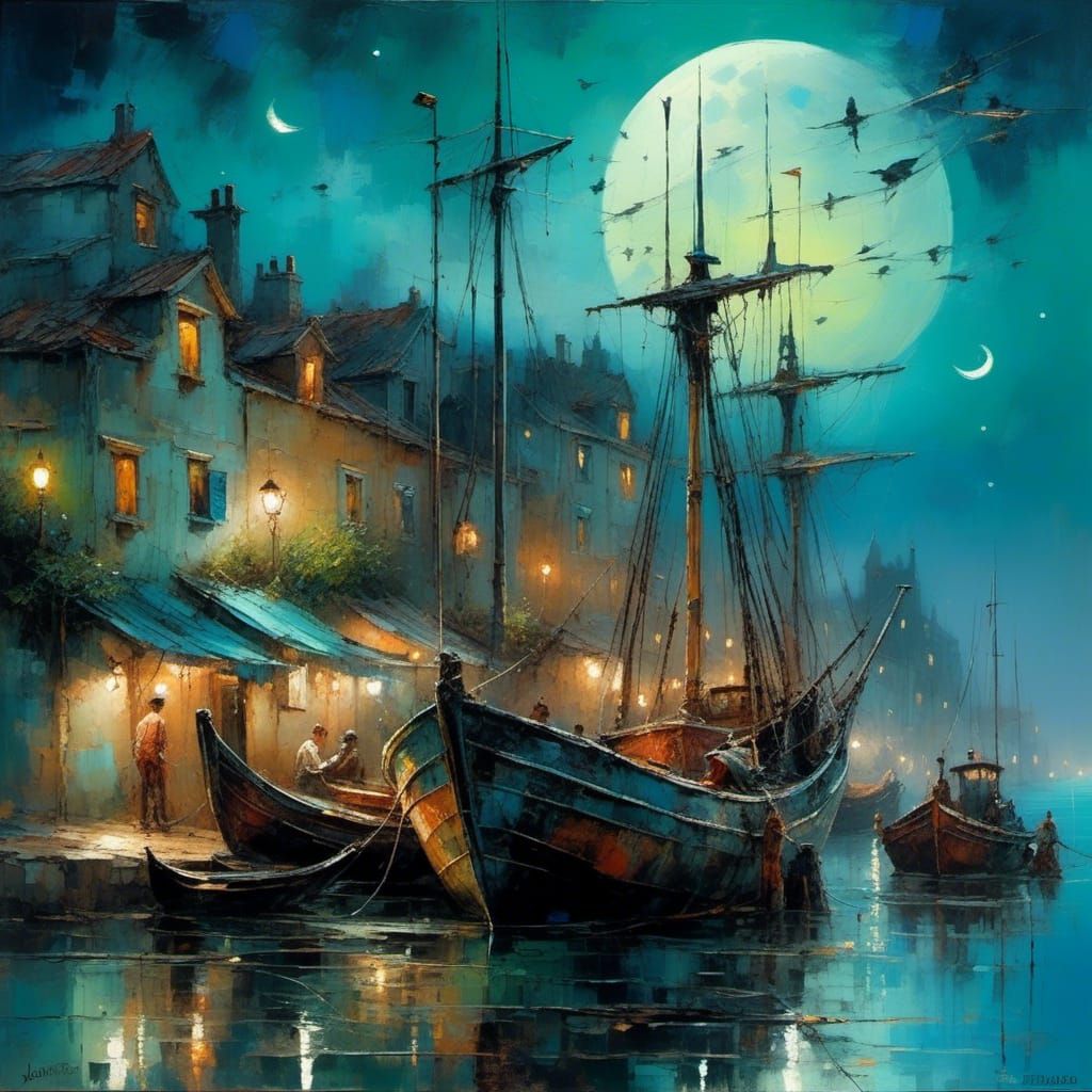 <lora:Story Book:1.0> a painting of fishing boats in front of a crescent neon moon, fantasy art, fishing harbour citysca...