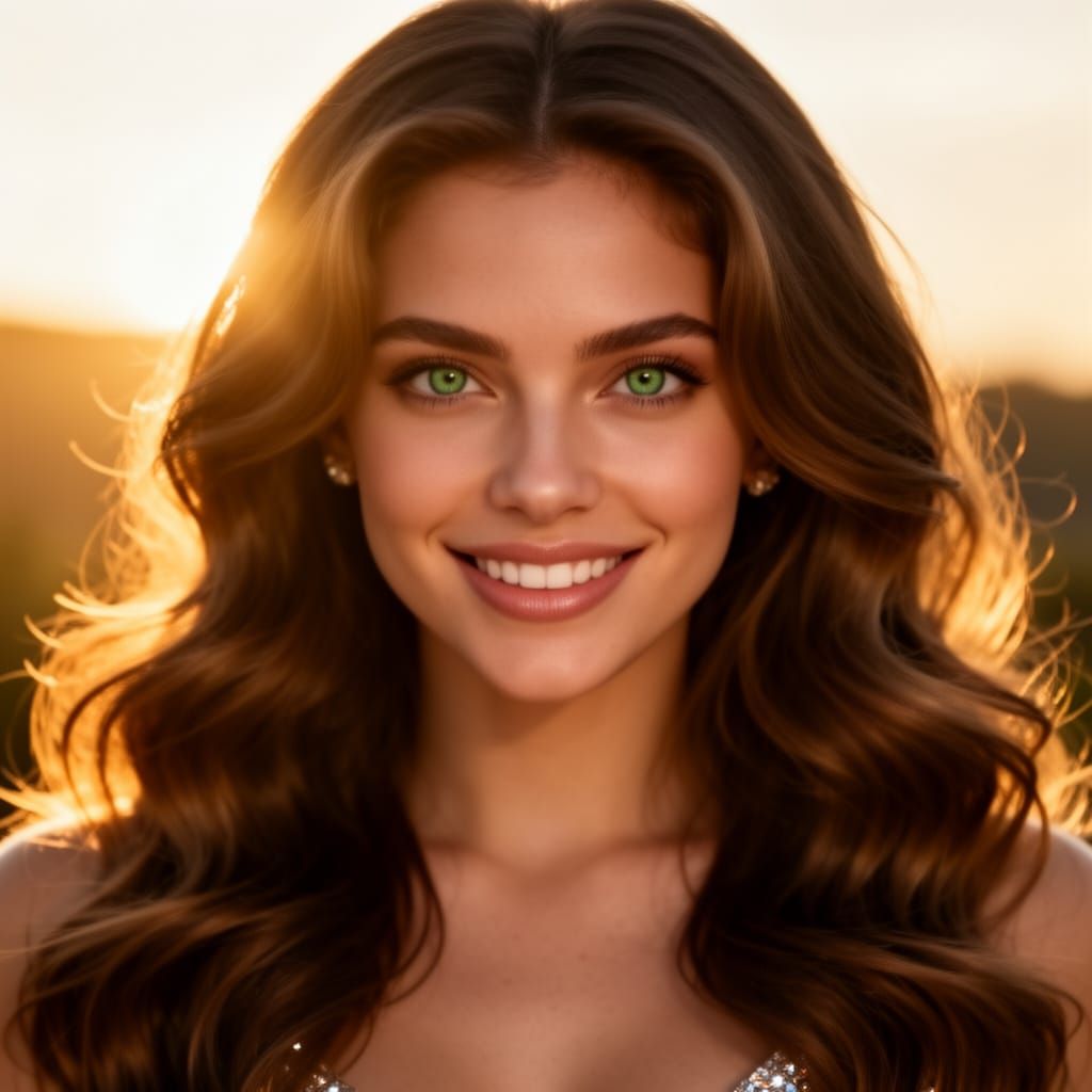 Glamorous Woman with Wavy Brown Hair and Green Eyes Smiling