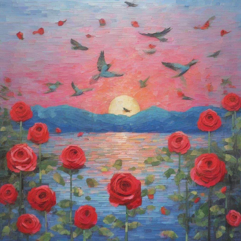 Impasto Pink Sky Landscape with Mosaic Roses and Collage Bir...