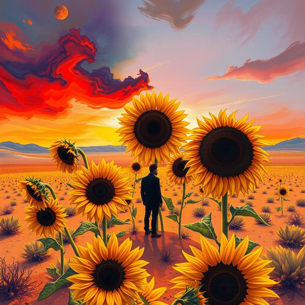 Surreal Sunflowers in Arid Desert Landscape