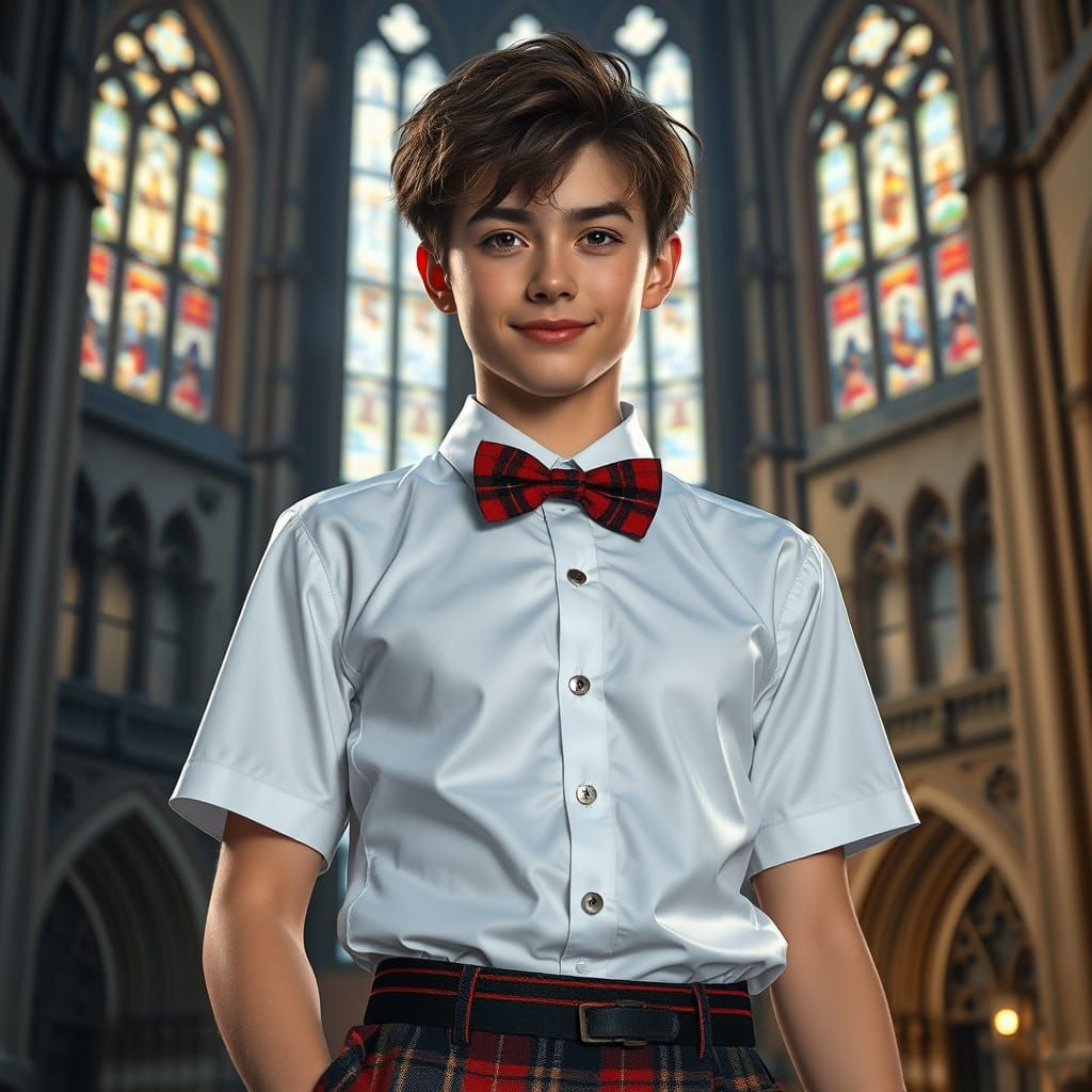 Ethan in Schoolgirl Outfit, Gothic Architecture, Photorealis...