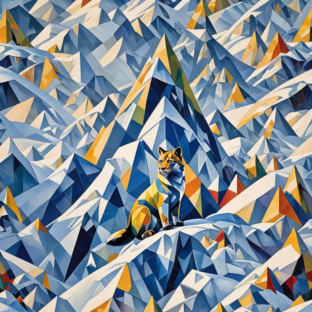 Cubist Snow Animal on Snowy Peak