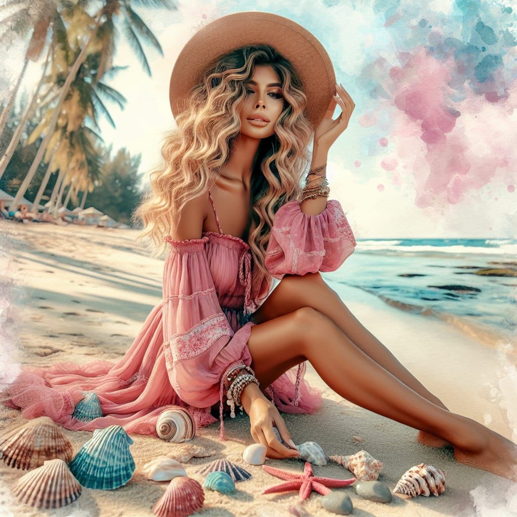 Hispanic Beauty on Beach in Watercolor Style