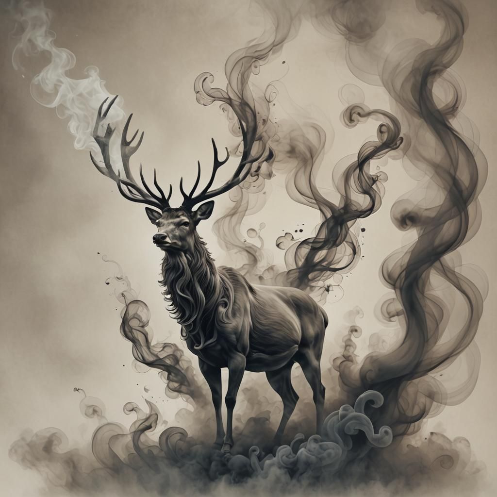 Dreamlike Smoke Stag Surreal Illustration