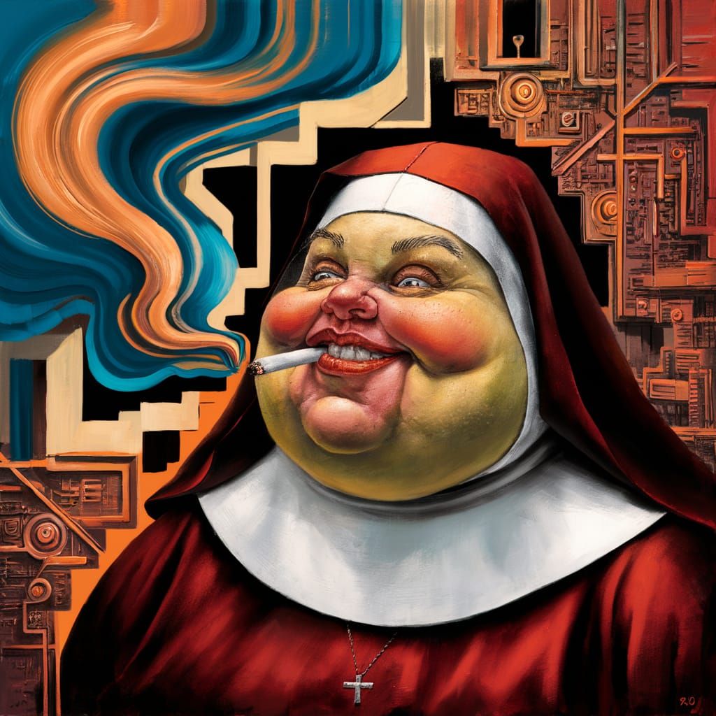 Whimsical Abstract Nun in Red Habit