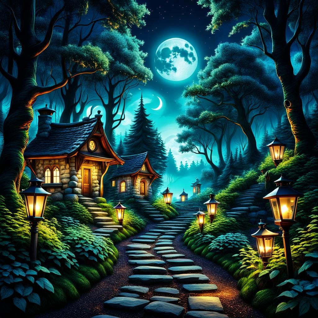Magical Forest with Glowing Eyes and Moonlit Sky