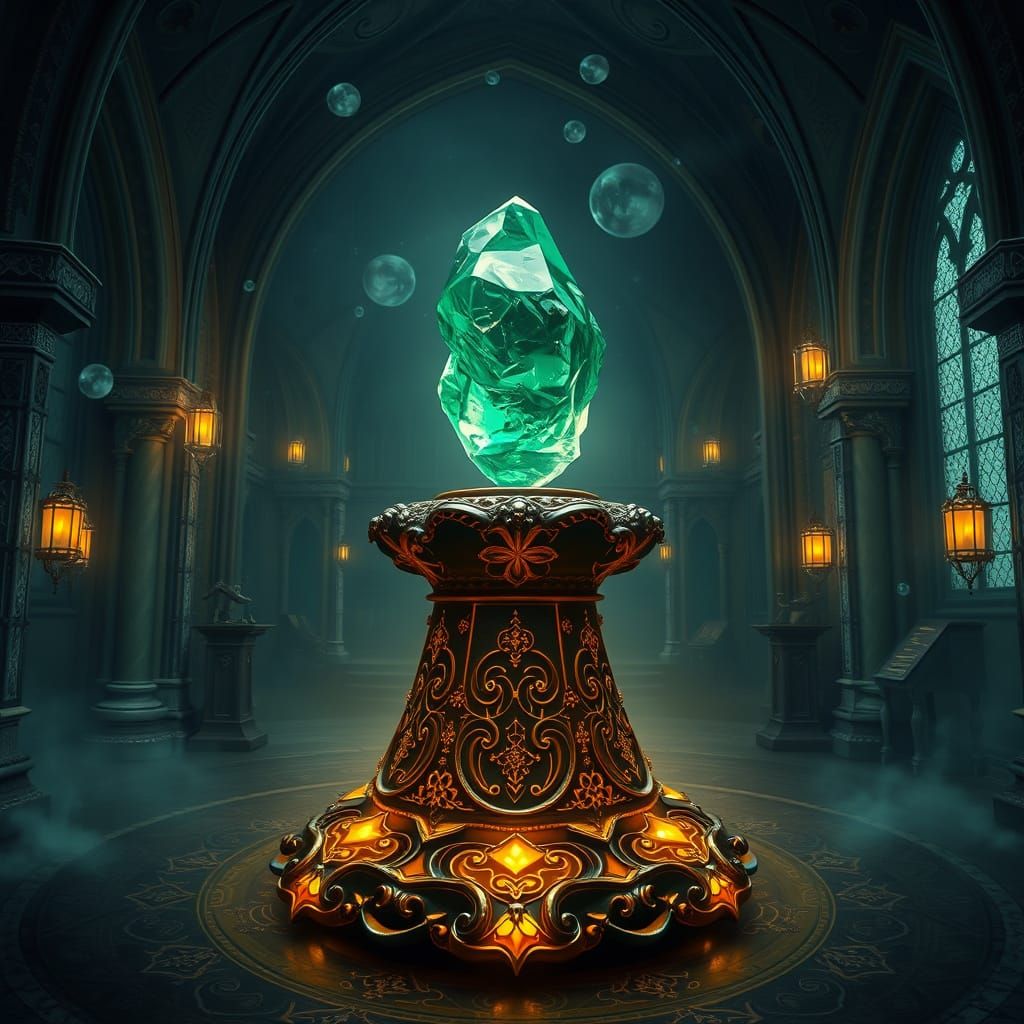 Emerald Crystal Artifact on Obsidian Pedestal
