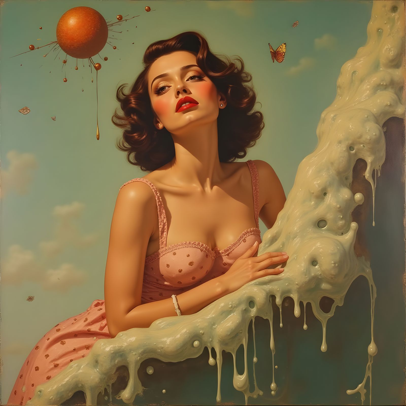Surrealist Pin-Up Girl Melts into a Dreamlike Background
