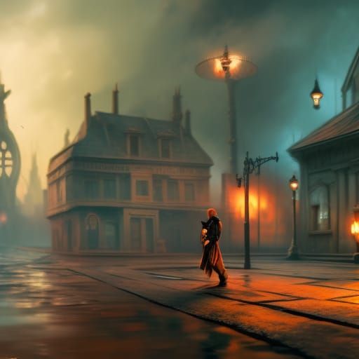 Lonely Man on Futuristic Street, Detailed Matte Painting
