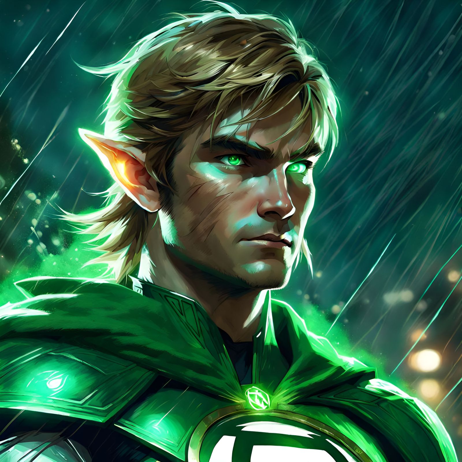 Link as Green Lantern on Stormy Night: Digital Art