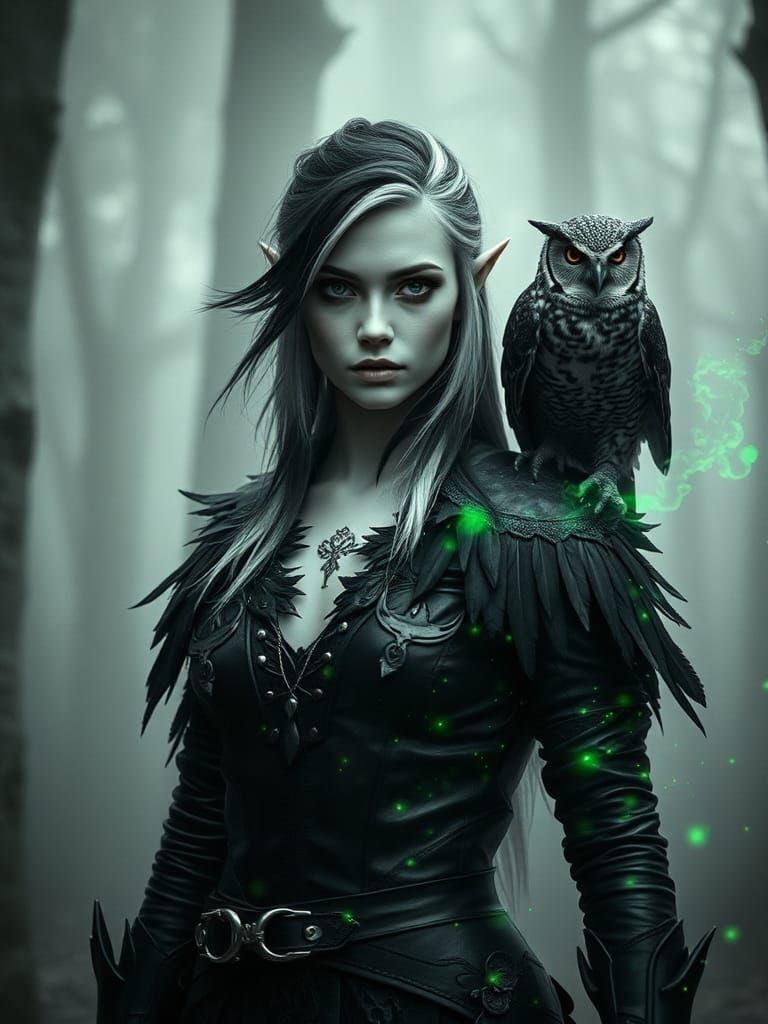 Mystical Half-Elf Conjuring Magic in Misty Forest