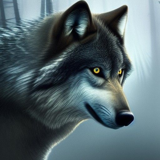 Majestic Grey Wolf in Forest, Detailed Matte Painting