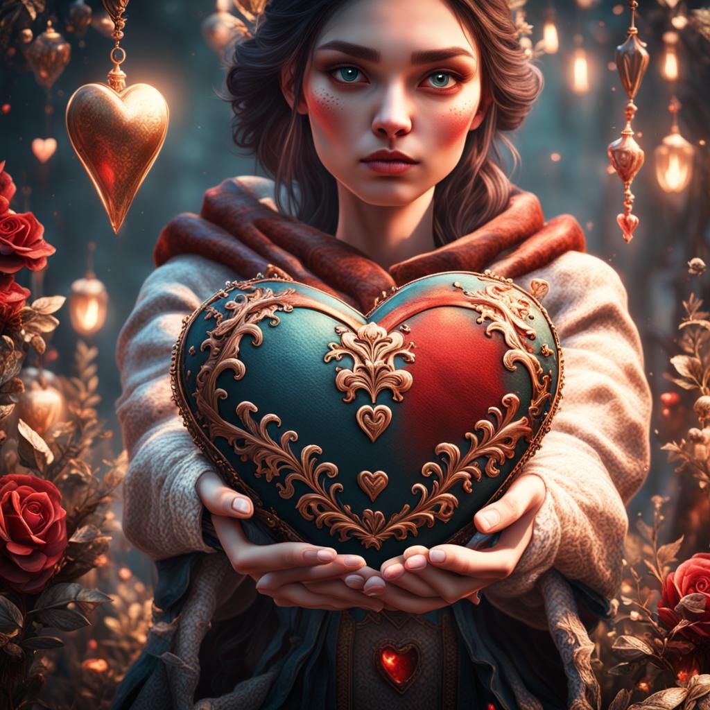 Girl's Hands Holding a Plush Heart in Detailed Matte Paintin...