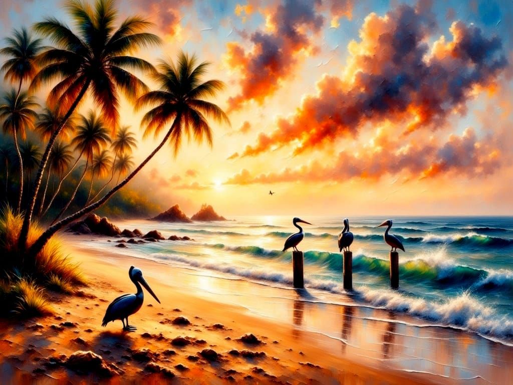 Hyperrealistic Tropical Sunset with Pelicans