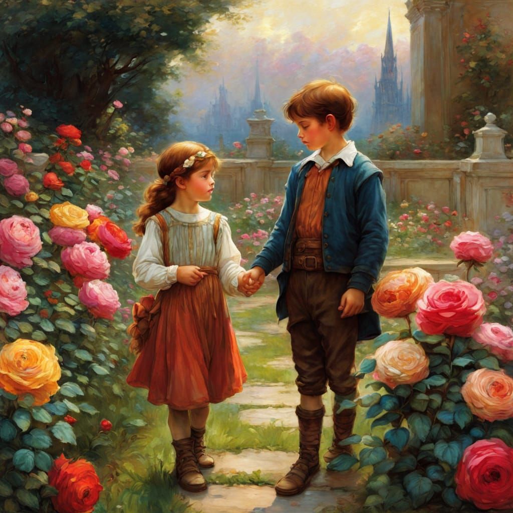 Children in Rose Garden, Cartoon Style