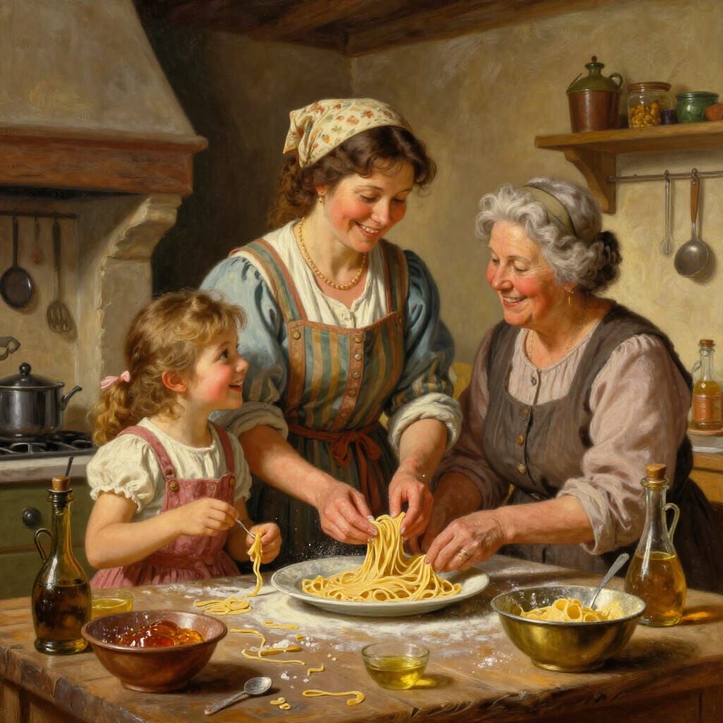 Family Making Pasta in Rustic Italian Kitchen