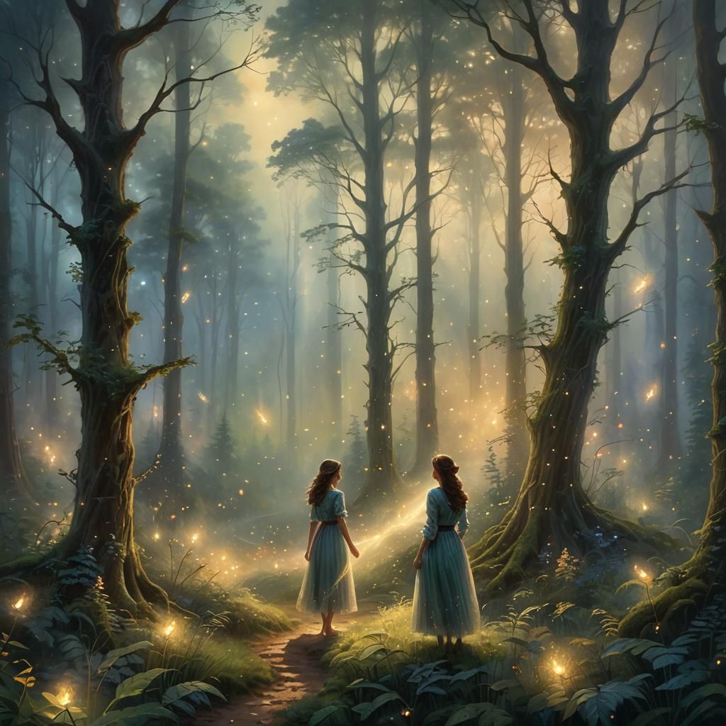 Ethereal Fantasy Forest with Fireflies: Kinkade Style