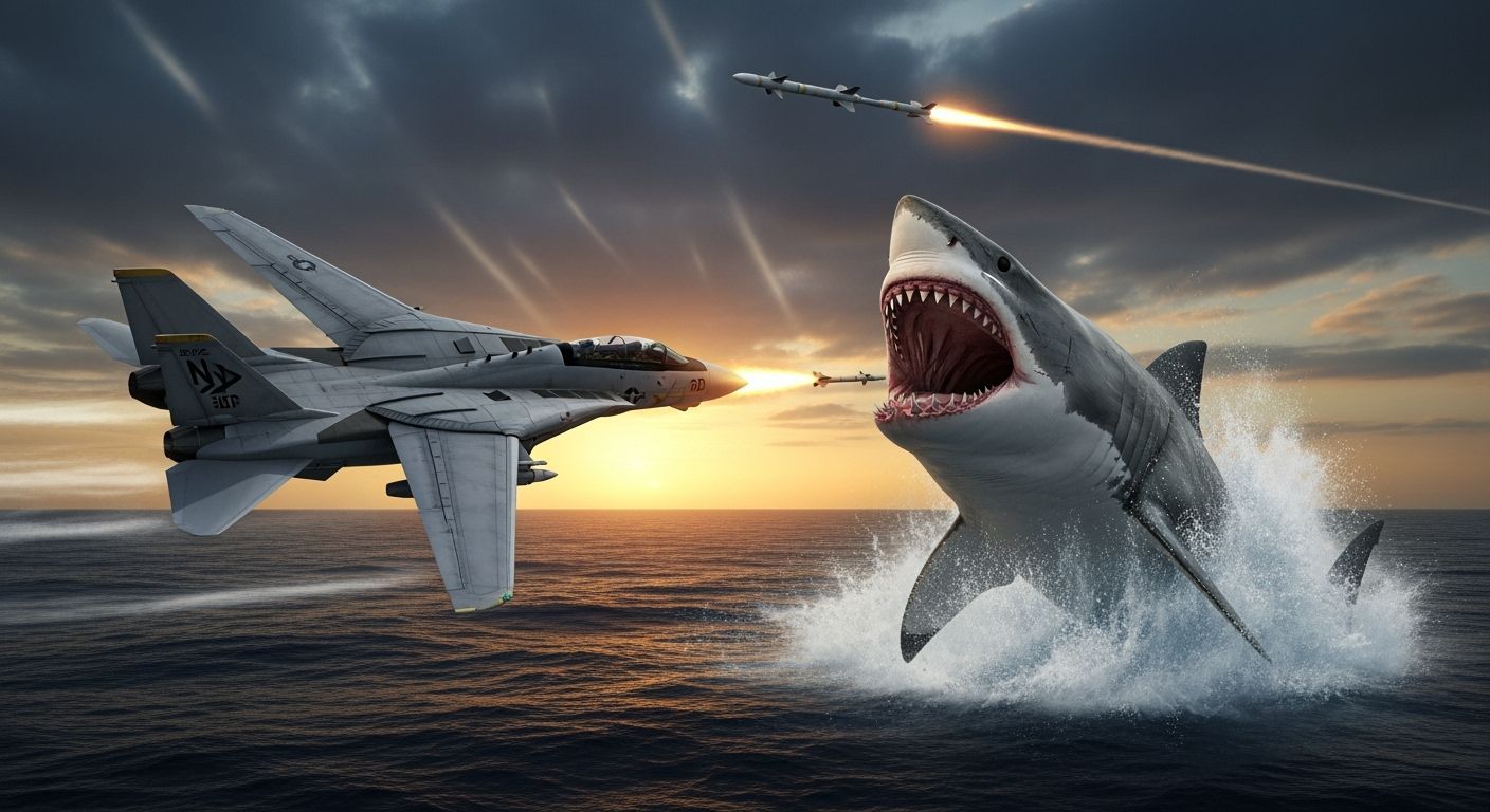 F-14 Jet Battles Giant Shark in Dramatic Ocean Scene