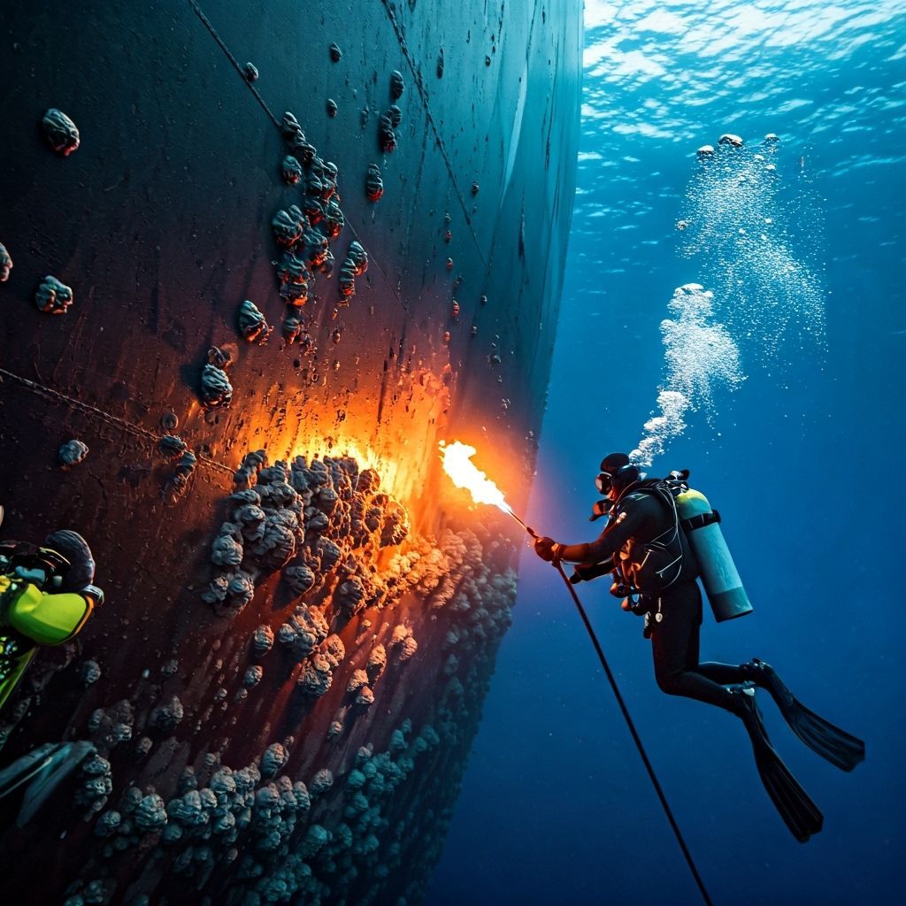 Scuba Divers Clean Mega Ship Hull in Retro-Futuristic Style