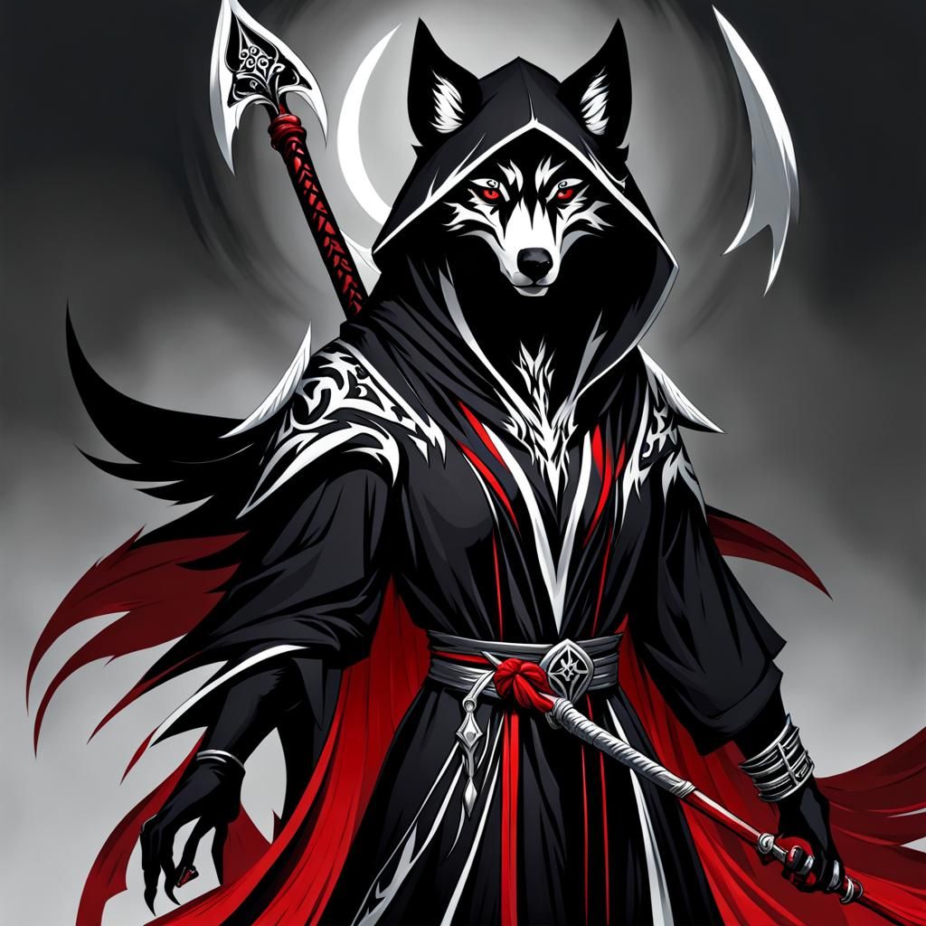 Anthro Wolf in Reaper Robes with Tribal Markings