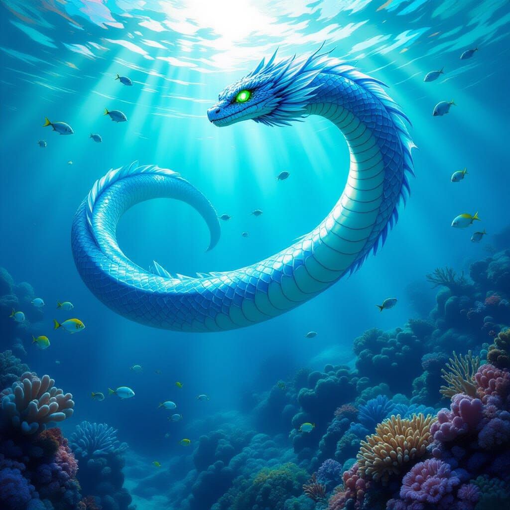 Colossal Sea Serpent Dives Through Coral Reef