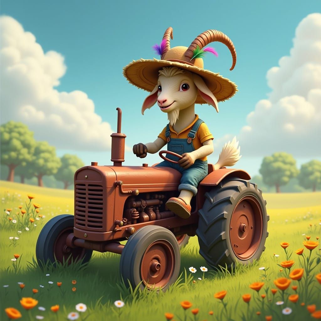 Whimsical Goat Rancher in Sunlit Field