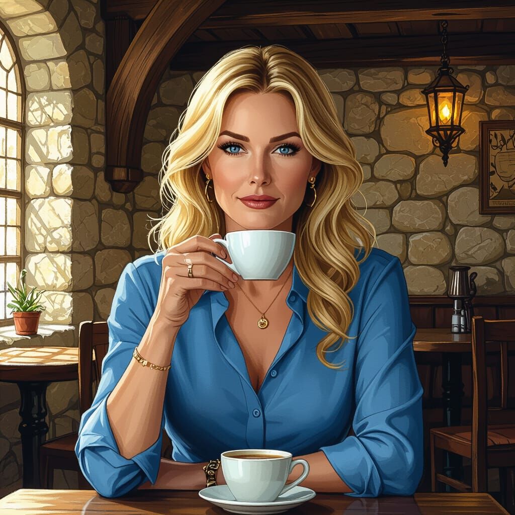 Mature Woman Sips Coffee in Medieval Cafe