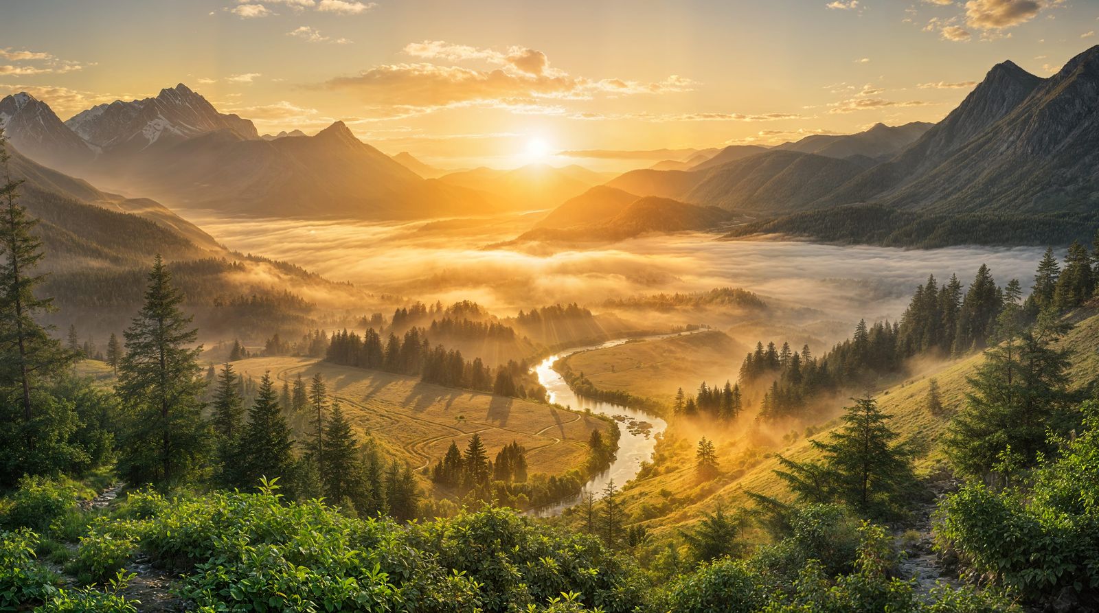 Golden Sunrise Over Misty Alpine Valley with River