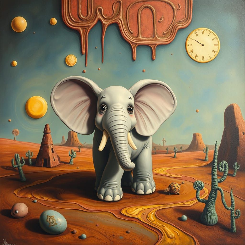 Surreal Clay Elephant in a Dreamlike Landscape of Melting Oi...