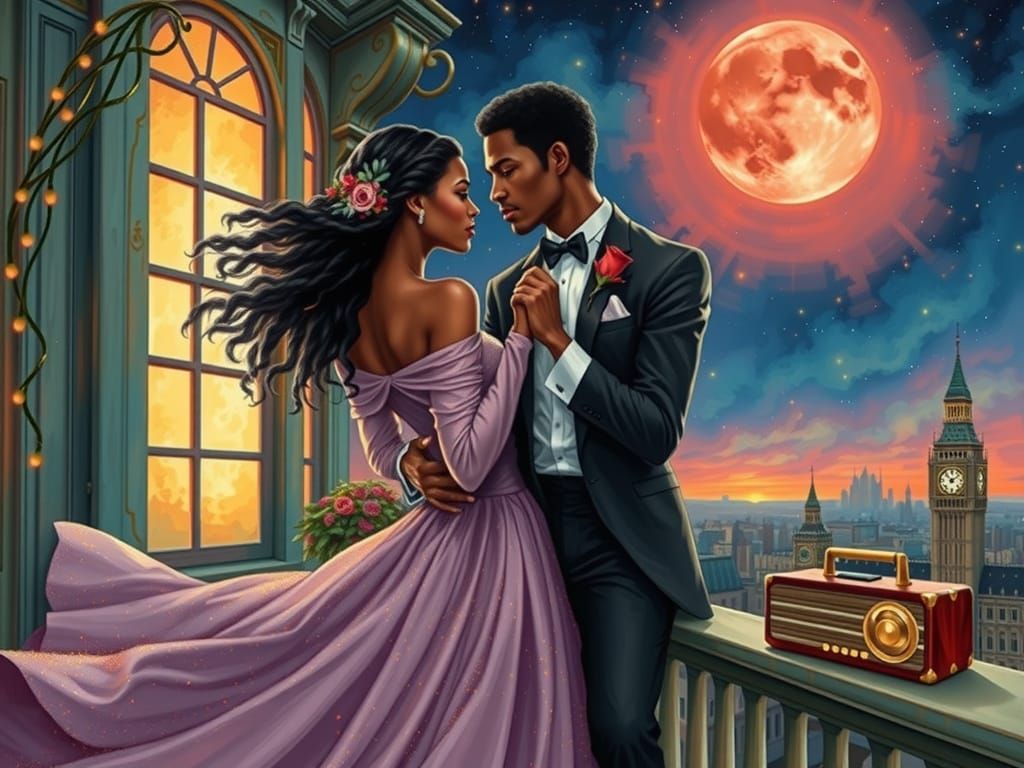 Romantic Black Couple Dancing Under Red Moon