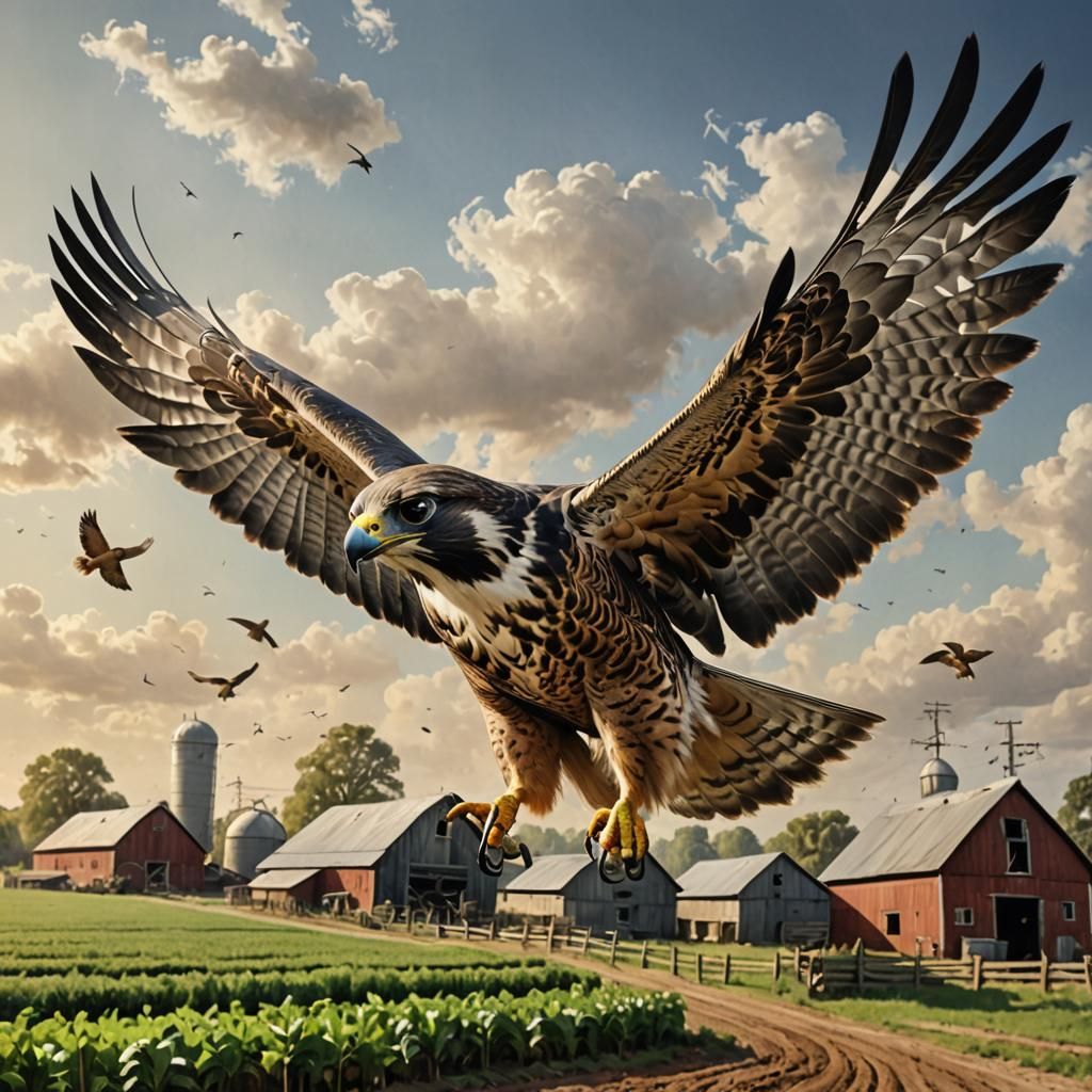 Falcon Soaring Over Farm: Photorealistic Portrait