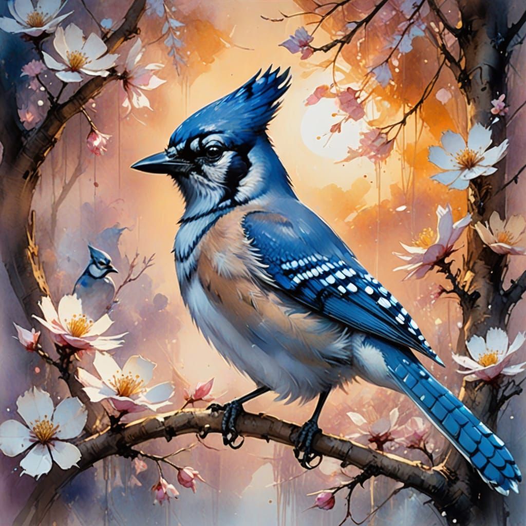 Dreamlike Watercolour Blossom Tree Scene with a Bluejay