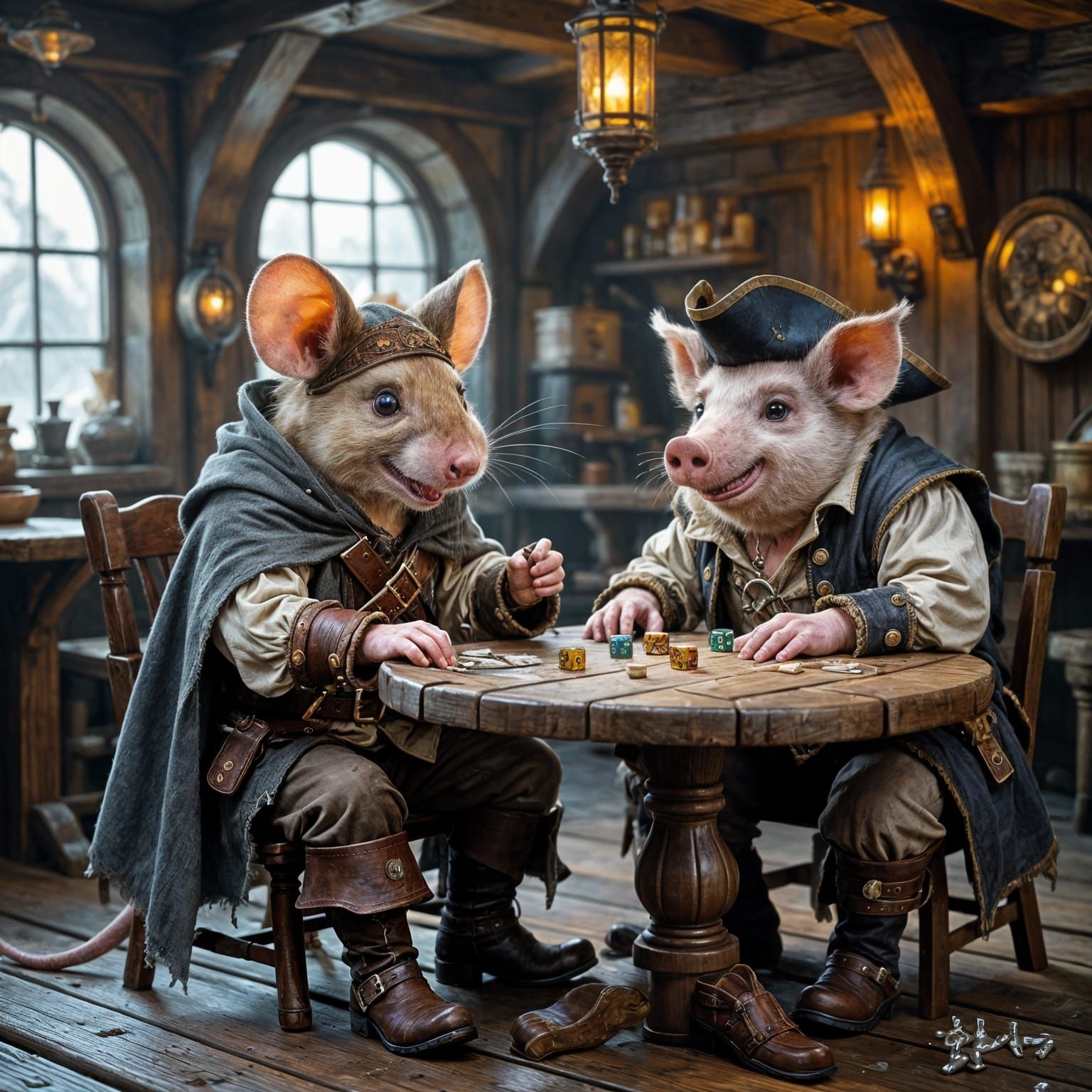 Mouse Pirate Playing Dice in a Coastal Tavern