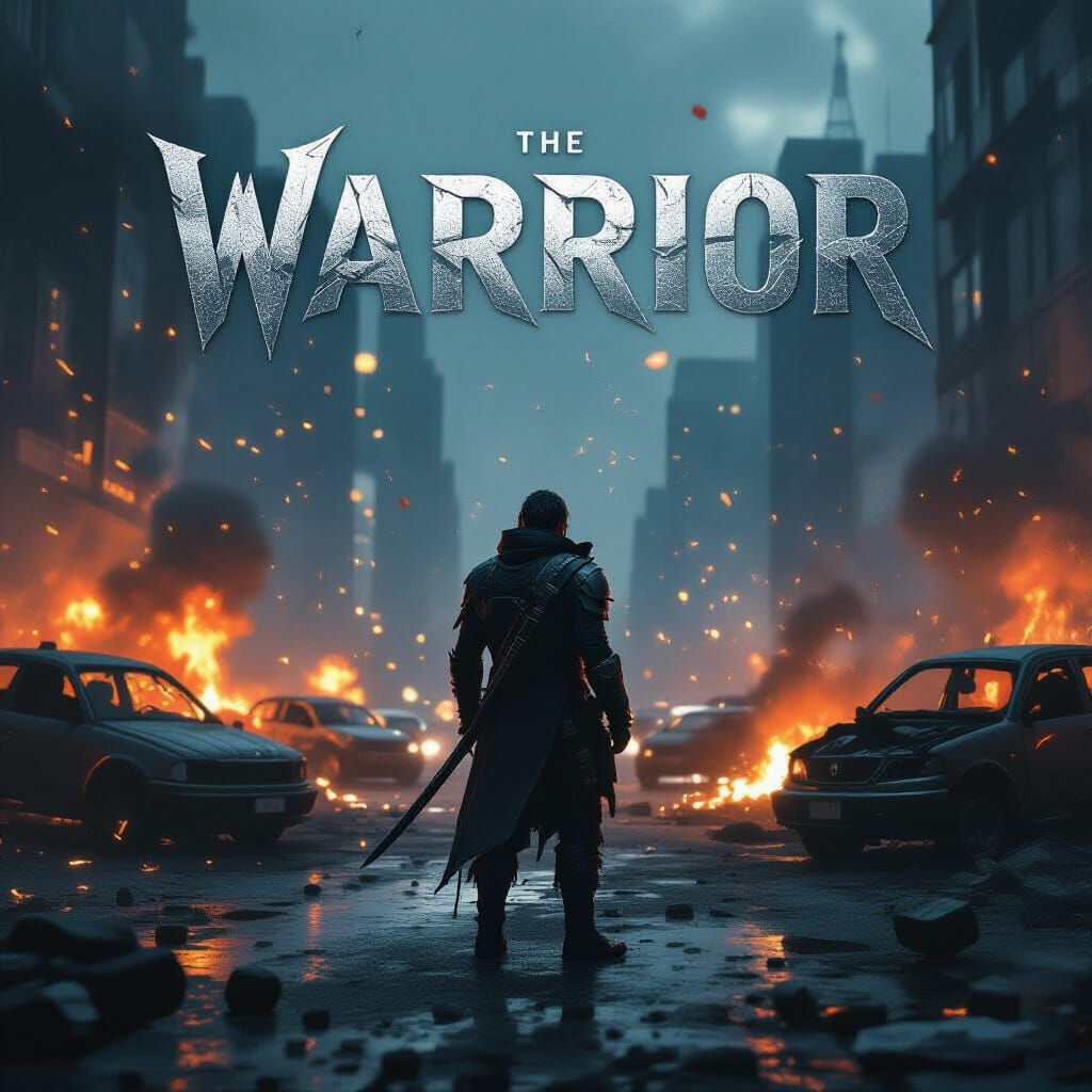 Dystopian Warrior in Explosive Cityscape