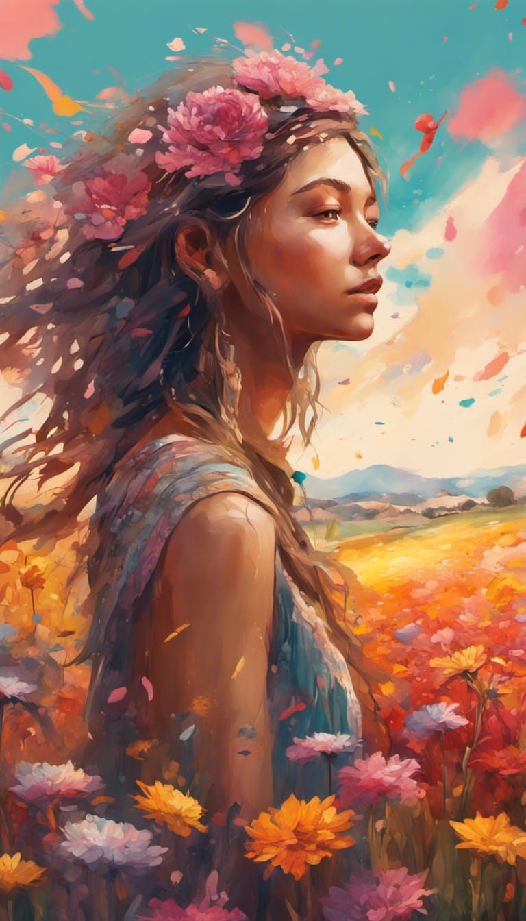 Hyperrealistic Flower Field in Boho Landscape