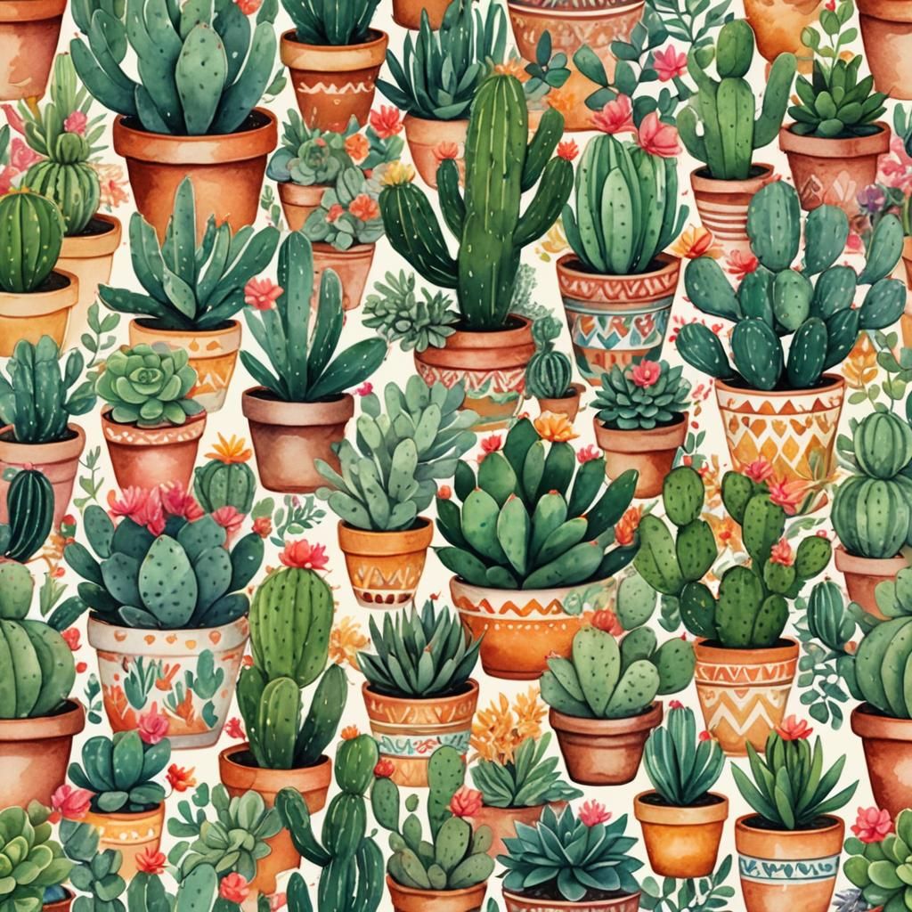 Whimsical Botanical Illustration of Expressive Cacti