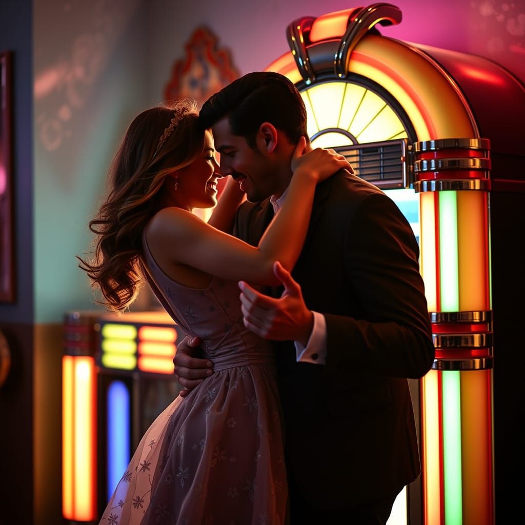 Couple Dancing by Jukebox in Edward Hopper Style