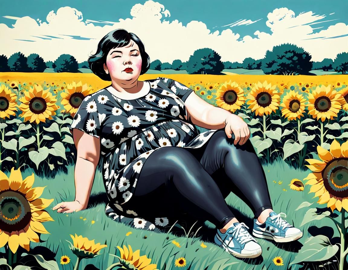 Woman in Sunflower Field in Pop Art Style